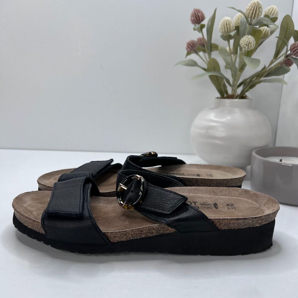 NAOT Anabel Nubuck Leather Cork Wedge Sandal Tortoise Buckle Black Women's US 11